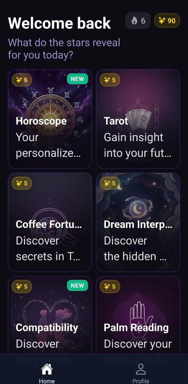 Dashboard with all divination arts